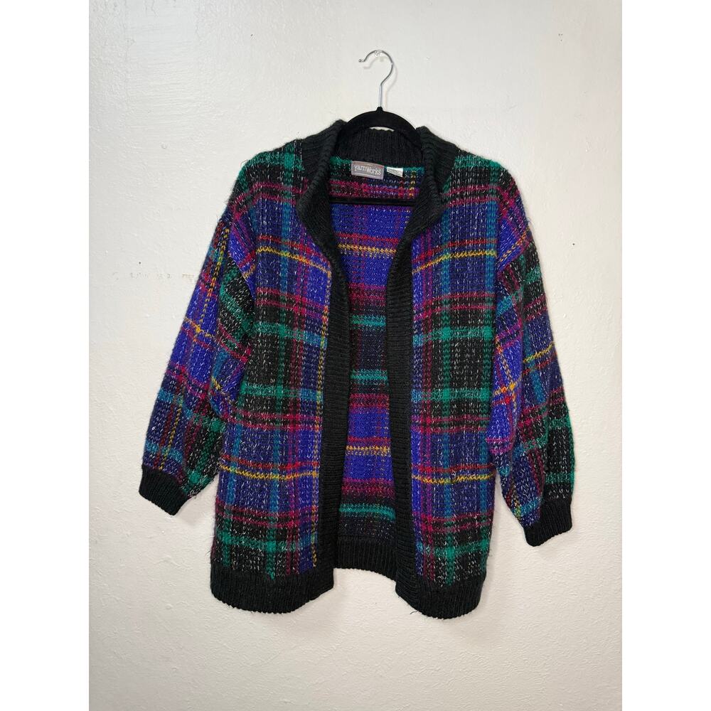 Vtg YarnWorks Women’s Medium Cardigan Sweater Wool Blend Plaid Grandma 80s 90s